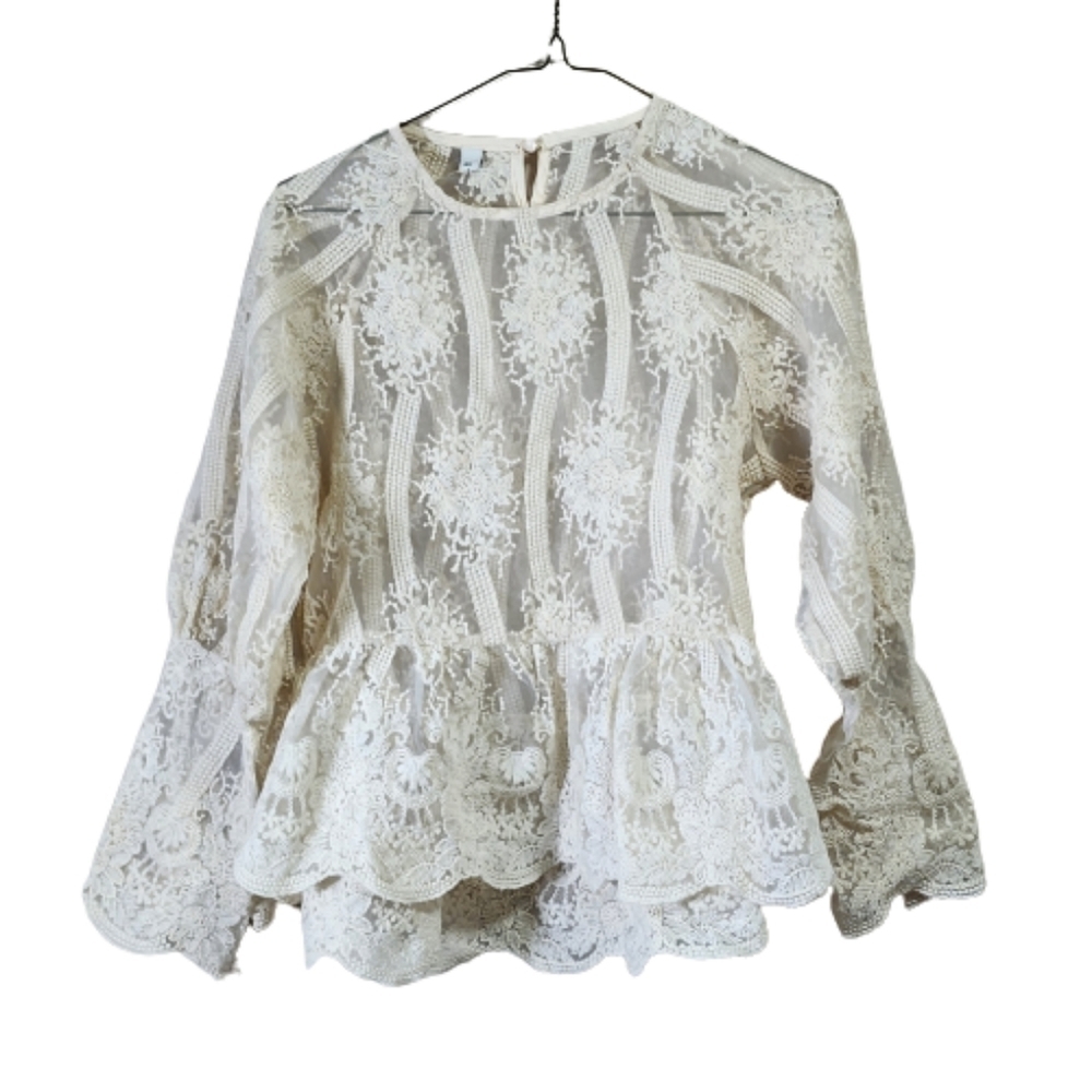 Unify style embroidered sheer long sleeve peplum blouse color offwhite - Picture 1 of 6